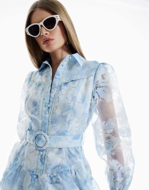 River Island Premium long sleeve belted shirt dress in blue - light | ASOS