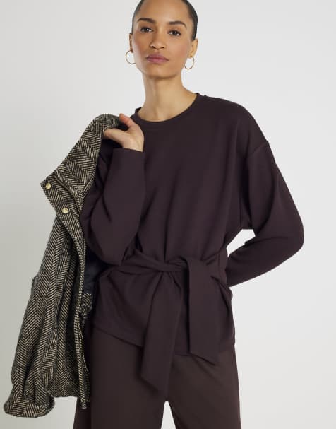 River Island Premium long sleeve tie front top in brown - dark - view 1