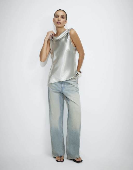 River Island Premium metallic cowl neck top in silver, 3 of 4