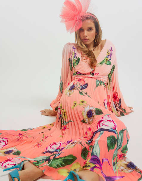 River Island Premium plisse floral midi dress in pink