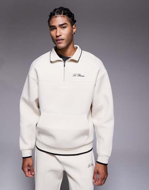 River Island premium 1/4 zip sweatshirt co-ord in ecru in scuba-style fabric