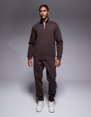 River Island Premium Scuba-style Fabric 1/4 Zip Sweatshirt In Brown