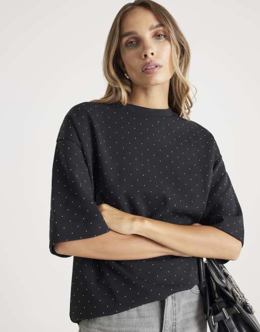 River Island Premium short sleeve diamante t-shirt in black