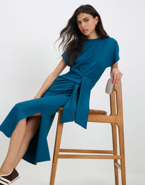 River Island Premium short sleeve tie side midi dress in turquoise - view 1