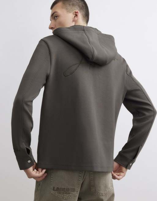 River Island Premium slim fit hooded overshirt in khaki, 4 of 4