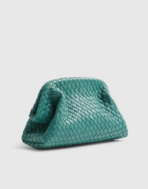 River Island Premium small leather woven clutch bag in aqua - view 1