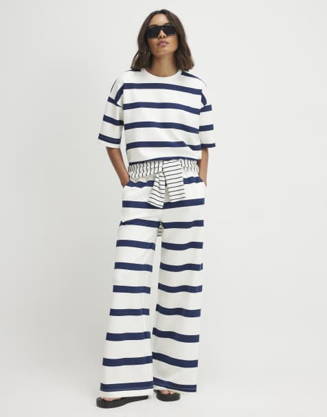 River Island Premium striped wide leg joggers in cream - view 1