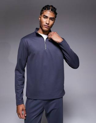 River Island Premium Textured 1/4 Zip Top In Gray
