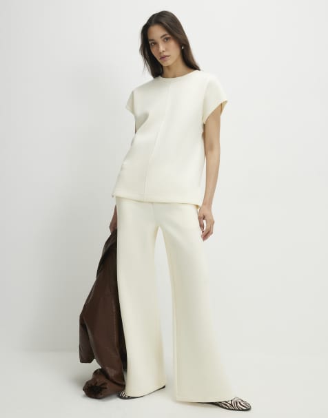 River Island Premium twill wide leg joggers in cream - view 1