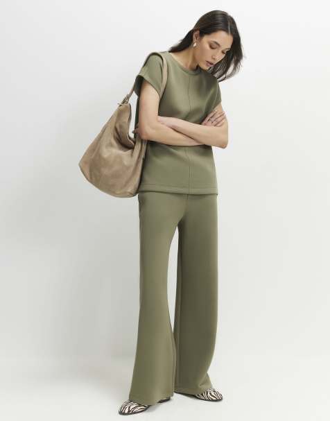 River Island Premium twill wide leg joggers in khaki - view 1