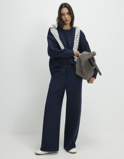 River Island Premium twill wide leg joggers in navy - view 1