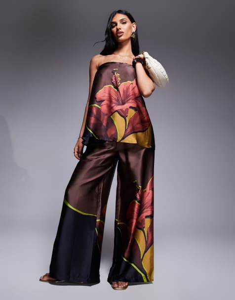 River Island print beach trousers in brown 