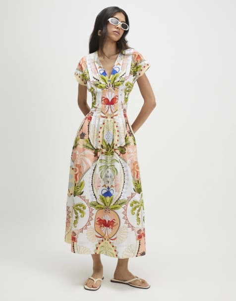 River Island Print pleated poplin midi dress in blue