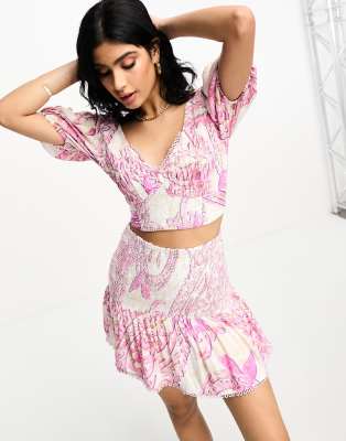 River Island print shirred detail mini beach skirt co-ord in pink | ASOS