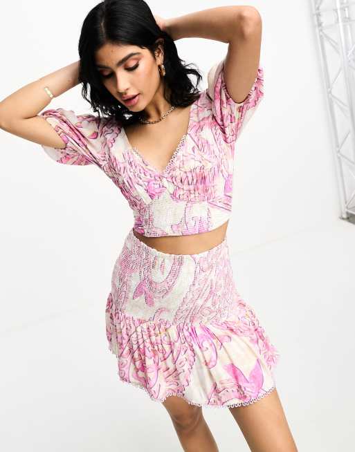 River Island print shirred detail mini beach skirt co ord in pink