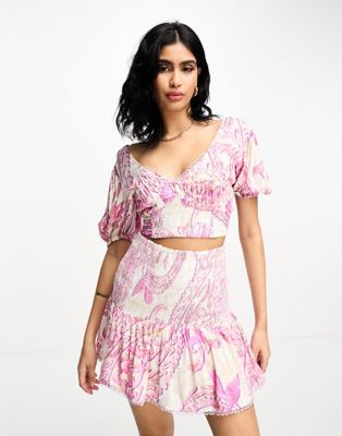 River Island print shirred puff sleeve beach top co-ord in pink - ASOS Price Checker