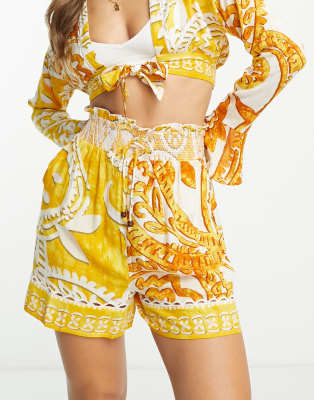 River Island print shirred waist shorts in yellow (part of a set)