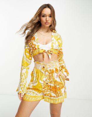 River Island print tie up shirt co-ord in yellow