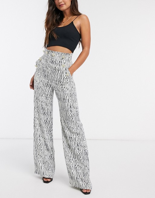River Island printed button front wide leg trousers in white