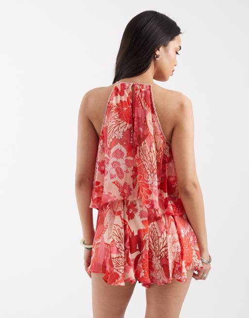 River Island printed embellished playsuit in red, 4 of 4