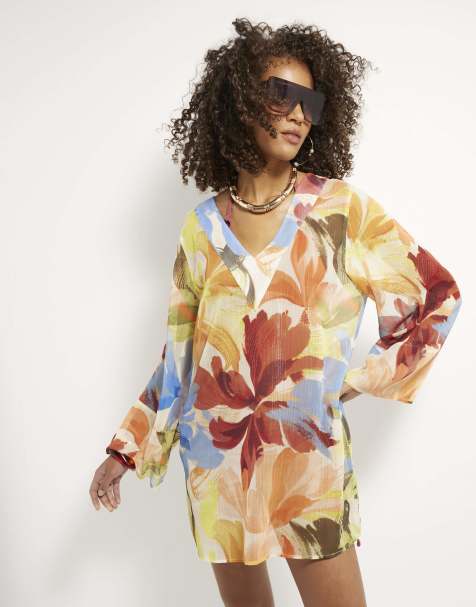 River Island Printed long sleeve beach dress in multi colour - view 1