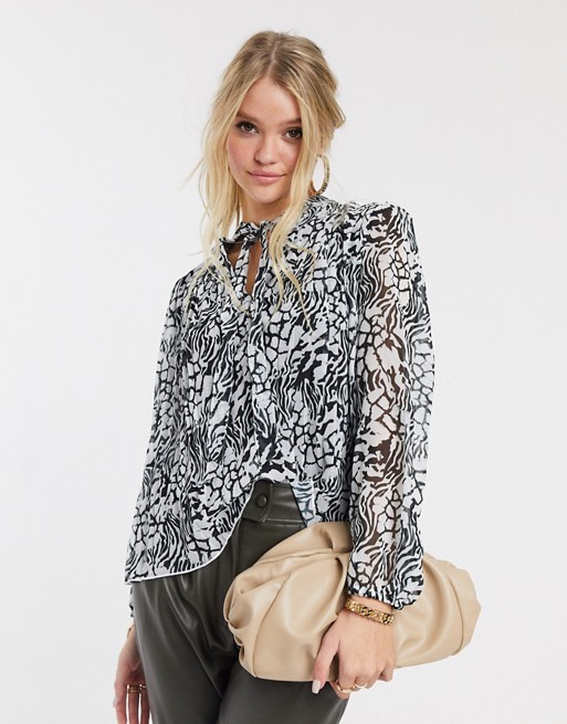 River Island printed pleated blouse in black