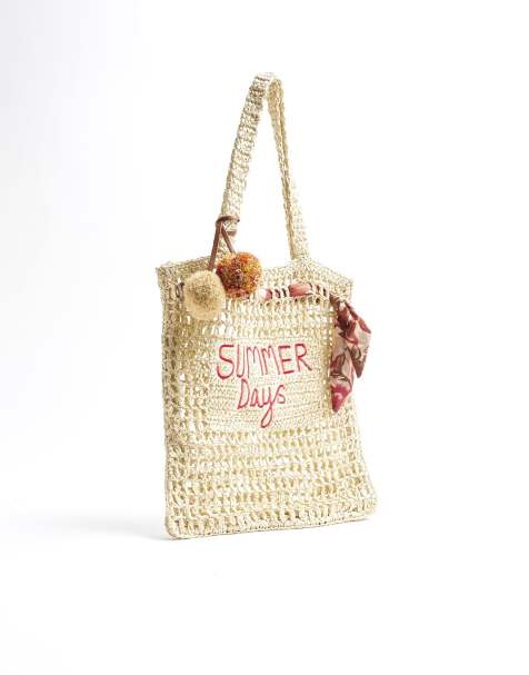 River Island Printed raffia scarf shopper beach bag in beige - view 1