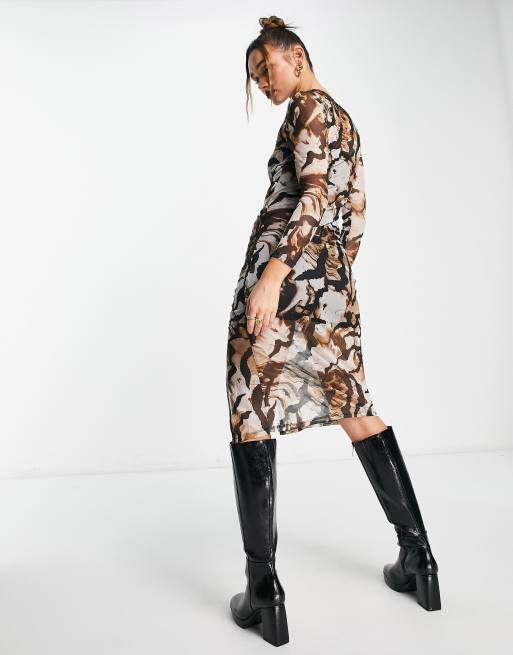 brown printed mesh ruched maxi dress Petal Passion Floral Mesh Ruched Maxi Dress Brown / L