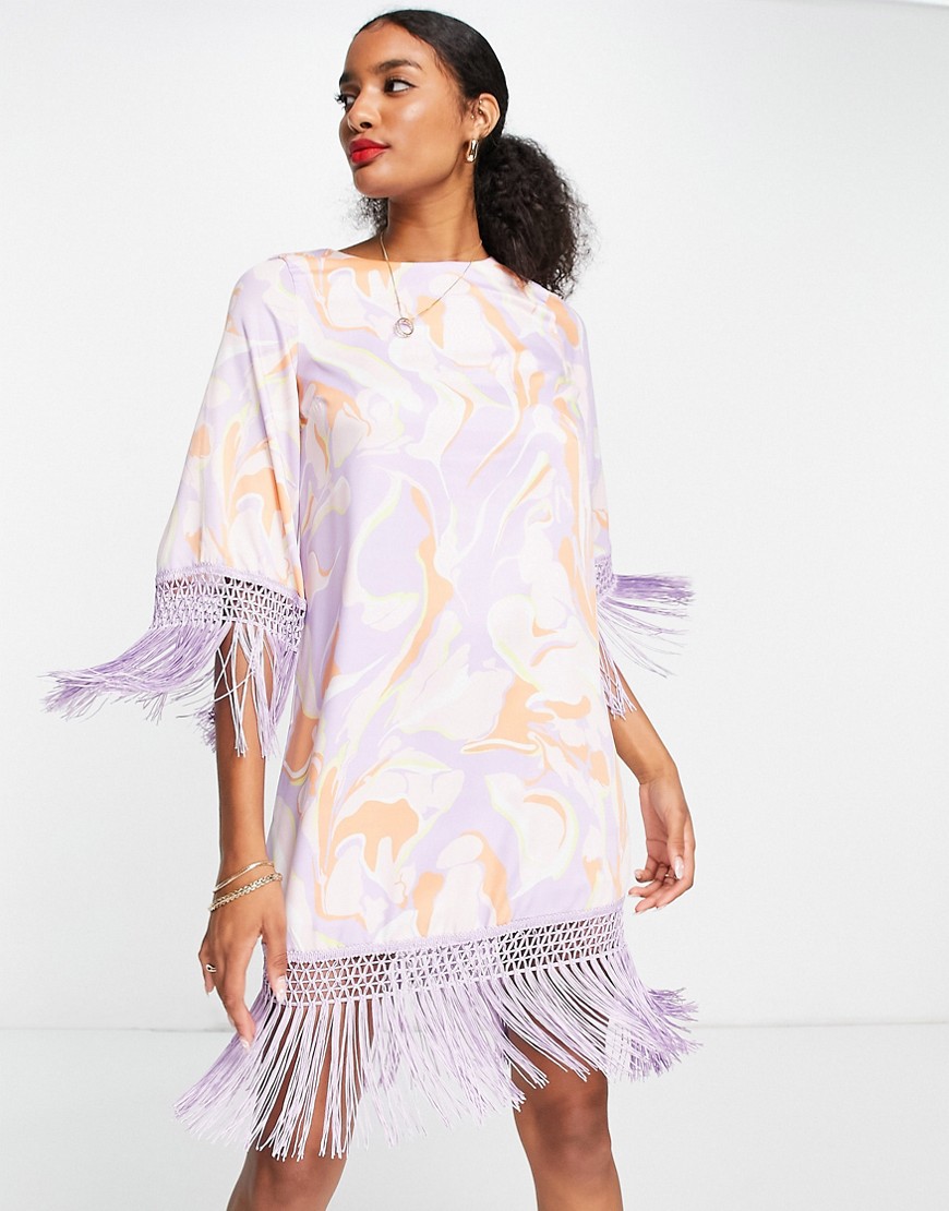 River Island Printed Shift Dress With Fringing In Pink