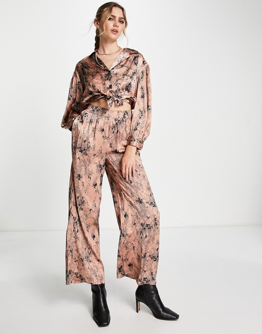 River Island Printed Wide Leg Pants In Pink Satin - Part Of A Set