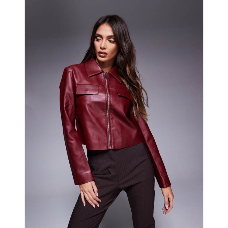 River Island PU cropped bomber jacket in burgundy ASOS