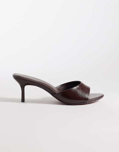 River Island PU mule heeled sandals in dark brown - view 1