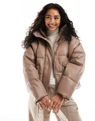 River Island Pu Puffer Jacket In Brown