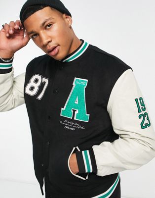 River Island pu sleeve varsity jacket with badges in black - ASOS Price Checker