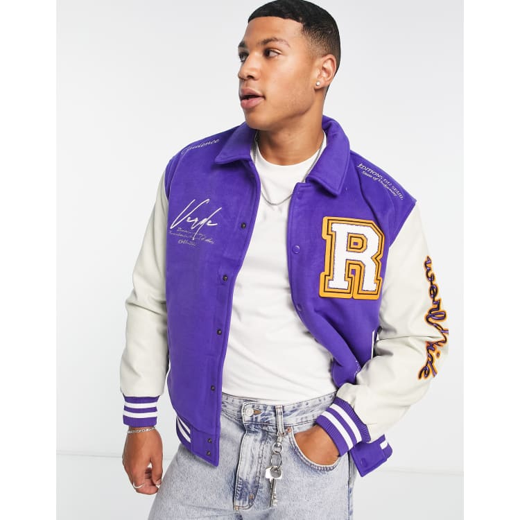 Black Body Varsity Jacket with Purple Sleeves