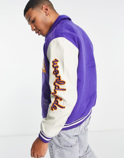 Black Body Varsity Jacket with Purple Sleeves