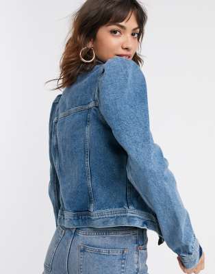river island mid blue puff shoulder denim jacket