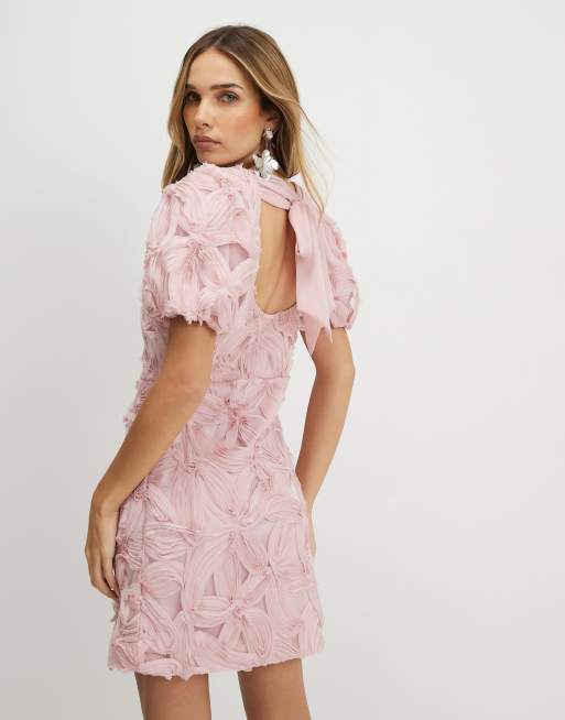 strapless open back dress Trompe 3D Floral Mini Dress Pink