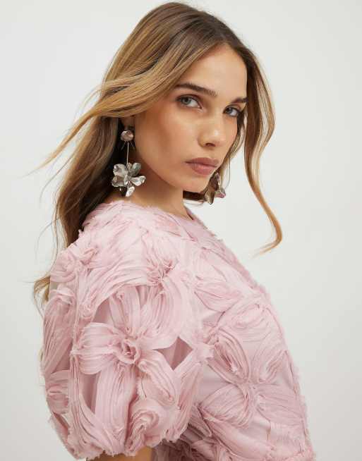 River Island Puff sleeve 3d floral mini dress in pink | ASOS