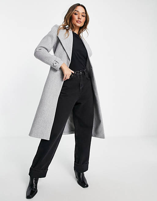 River Island puff sleeve belted robe coat in gray