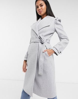 River Island puff sleeve belted robe coat in light grey | ASOS