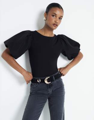 River Island Puff sleeve bodysuit in black