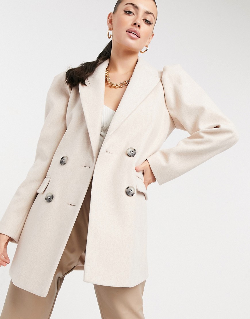 River Island puff sleeve double breasted jacket in beige-Neutral