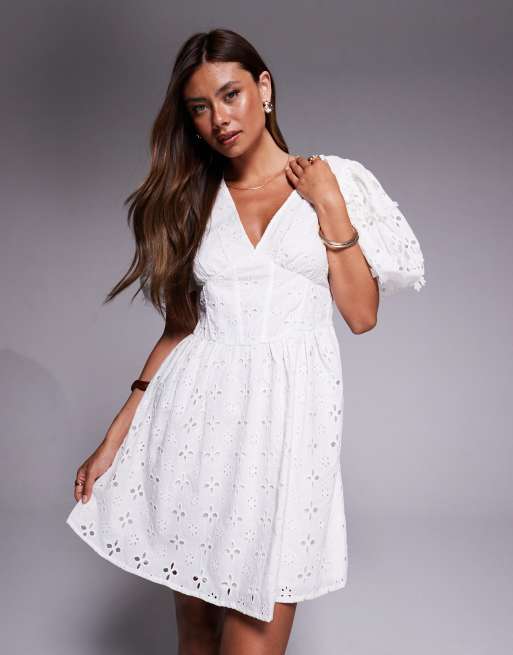 River Island puff sleeve eyelet mini dress in white | ASOS