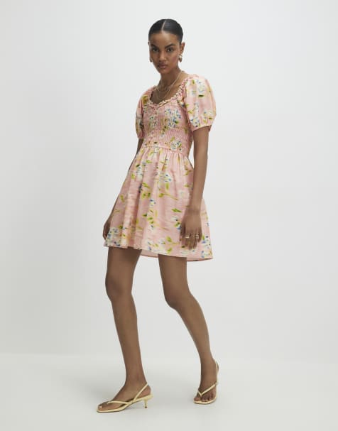 River Island Puff sleeve floral shirmini dress in pink