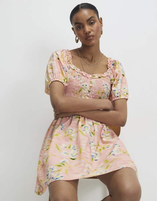 River Island Puff sleeve floral shirmini dress in pink | ASOS