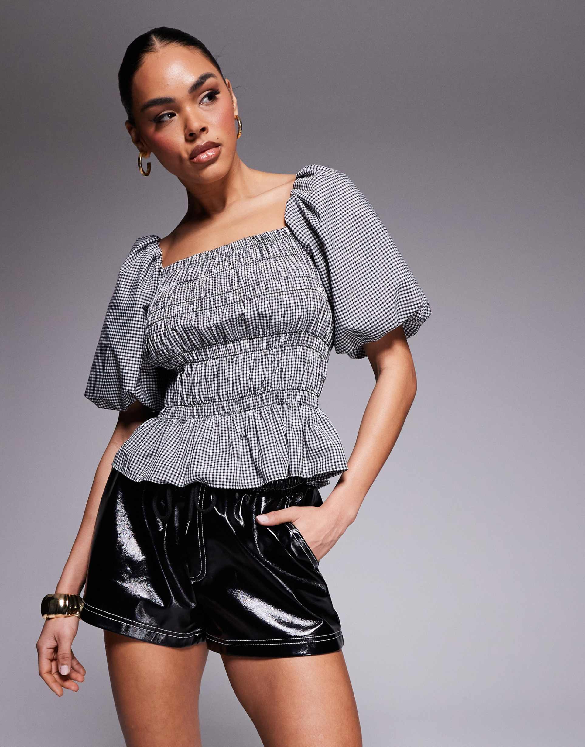 river island puff sleeve floral shirred top in black