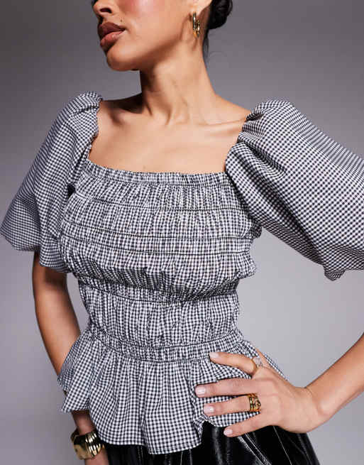 River island puff sleeve floral shirred top in black ASOS