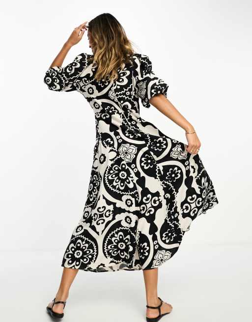 River Island puff sleeve floral smock midi dress in black and white, 4 of 4