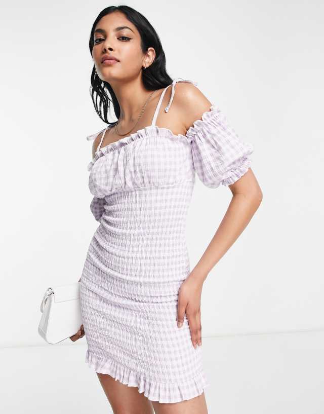 River Island puff sleeve gingham shirred mini dress in light purple